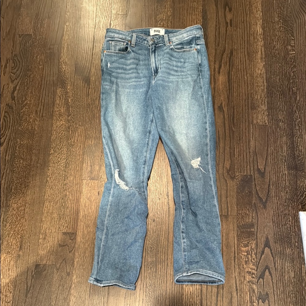 PAIGE Women’s Light Blue Distressed Straight-Leg Jeans